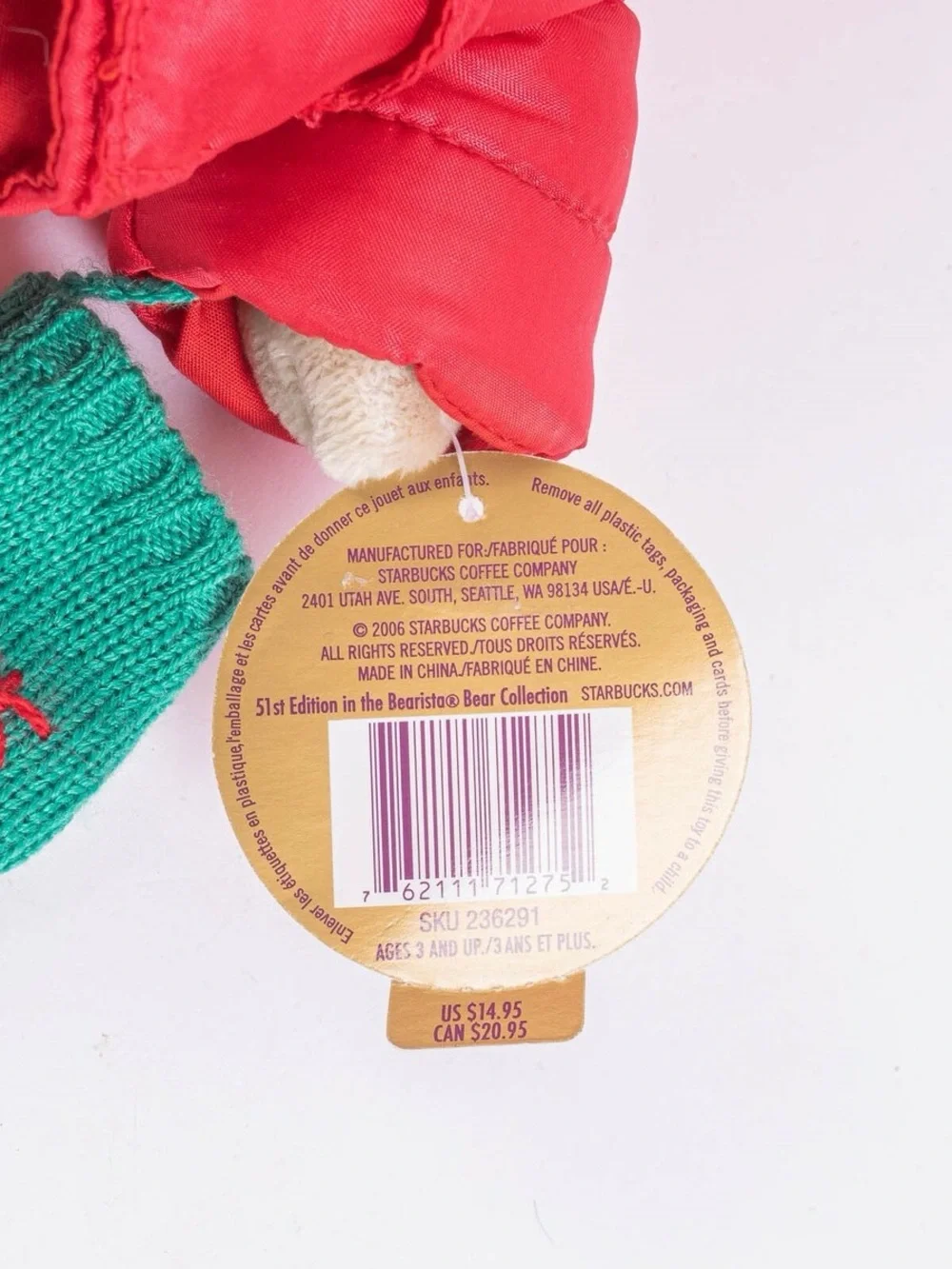 STARBUCKS NWT  Barista Bear in Red Puffer Jacket with Green Mittens 2006